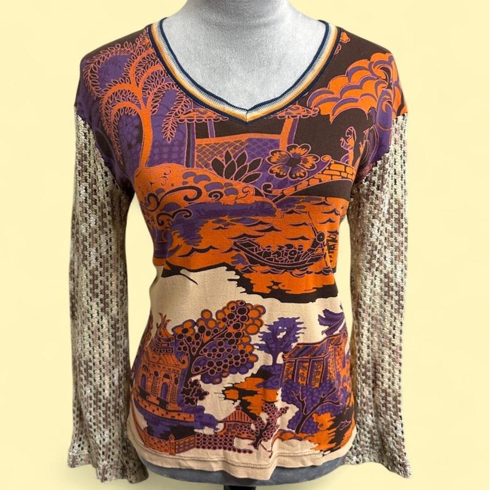 Vintage Custo Barcelona Y2K Graphic Top Asian Landscape Crochet Mesh Sleeves L
